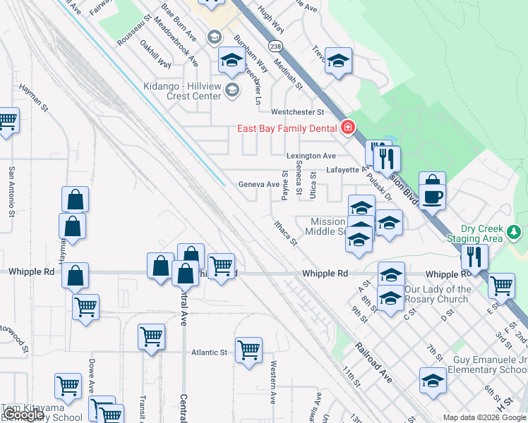 map of restaurants, bars, coffee shops, grocery stores, and more near 106 Erie Place in Hayward