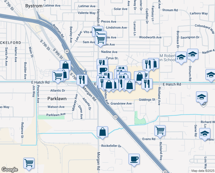 map of restaurants, bars, coffee shops, grocery stores, and more near 1324 East Hatch Road in Ceres