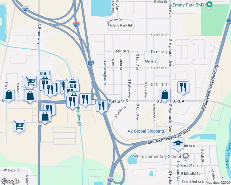 map of restaurants, bars, coffee shops, grocery stores, and more near 4701 South Laura Street in Wichita