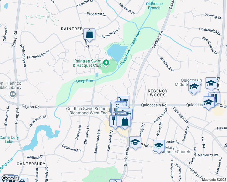 map of restaurants, bars, coffee shops, grocery stores, and more near 10113 Deepwood Circle in Richmond