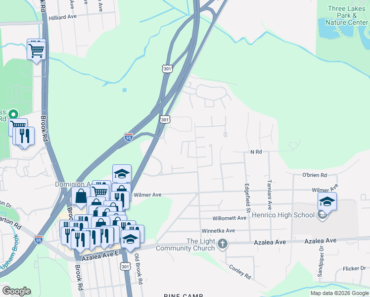 map of restaurants, bars, coffee shops, grocery stores, and more near 812 Brook Hill Road in Richmond