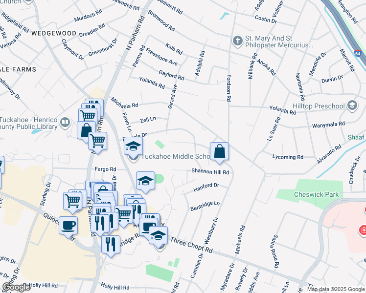 map of restaurants, bars, coffee shops, grocery stores, and more near 8307 Erma Lane in Richmond