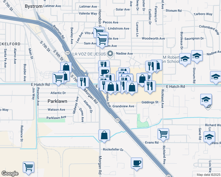 map of restaurants, bars, coffee shops, grocery stores, and more near 1324 East Hatch Road in Ceres