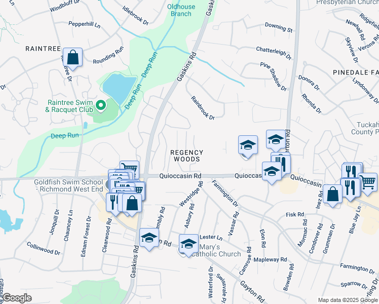 map of restaurants, bars, coffee shops, grocery stores, and more near 1501 Bronwyn Road in Henrico