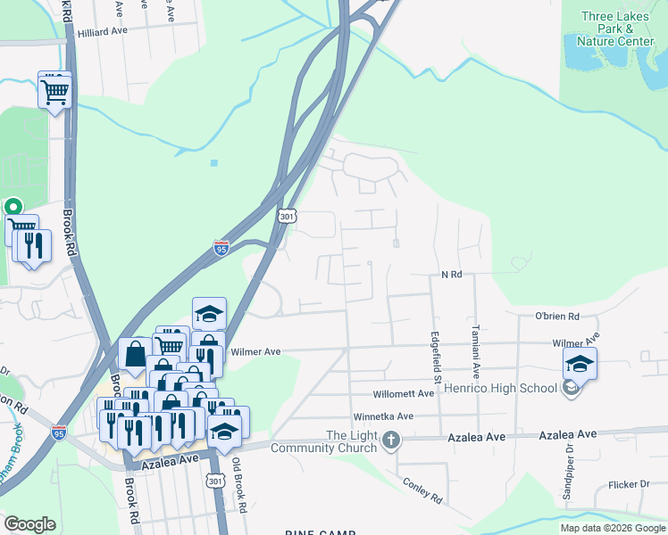 map of restaurants, bars, coffee shops, grocery stores, and more near 5618 Crenshaw Road in Richmond