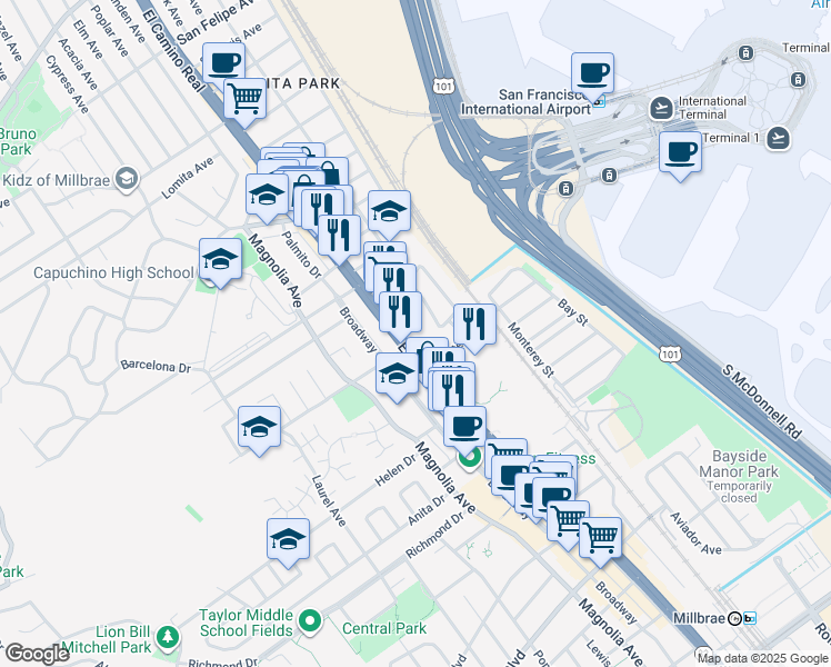 map of restaurants, bars, coffee shops, grocery stores, and more near 1260 El Camino Real in Millbrae