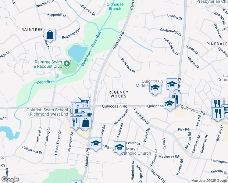 map of restaurants, bars, coffee shops, grocery stores, and more near 1509 Regency Woods Road in Henrico