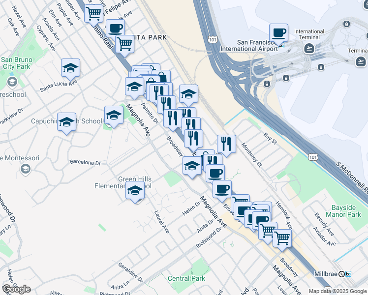 map of restaurants, bars, coffee shops, grocery stores, and more near 1375 El Camino Real in Millbrae