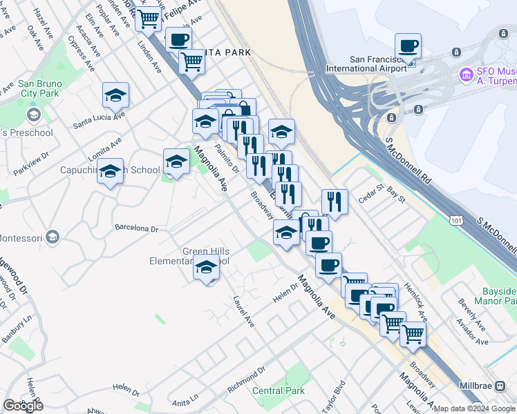 map of restaurants, bars, coffee shops, grocery stores, and more near 1375 El Camino Real in Millbrae