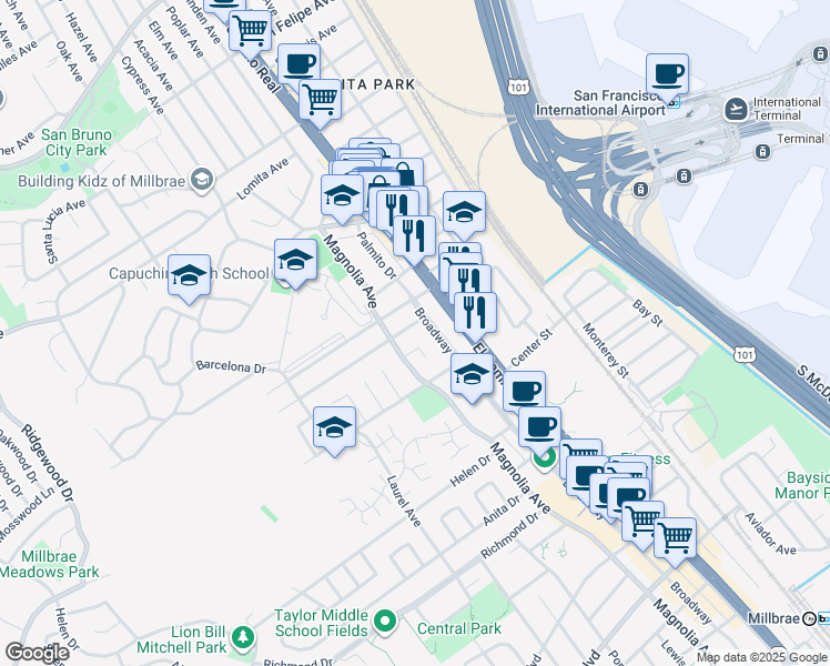 map of restaurants, bars, coffee shops, grocery stores, and more near 223 Millwood Drive in Millbrae