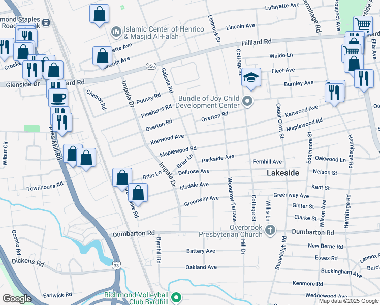 map of restaurants, bars, coffee shops, grocery stores, and more near 2900 Briar Lane in Richmond