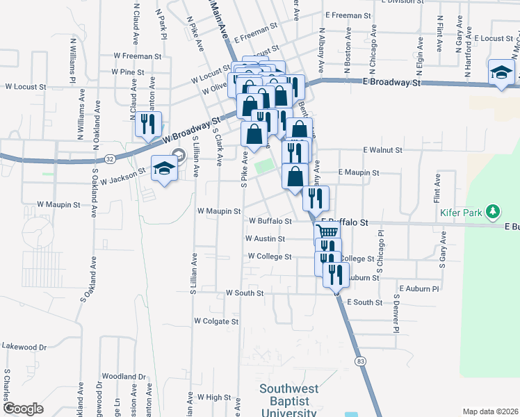map of restaurants, bars, coffee shops, grocery stores, and more near 127 W Maupin St in Bolivar