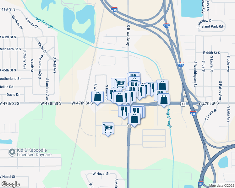 map of restaurants, bars, coffee shops, grocery stores, and more near 4747 South Broadway Avenue in Wichita