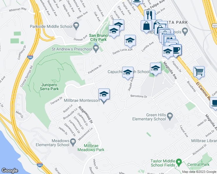 map of restaurants, bars, coffee shops, grocery stores, and more near 639 Santa Barbara Avenue in Millbrae