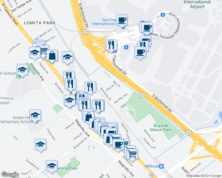 map of restaurants, bars, coffee shops, grocery stores, and more near 320 San Jose Avenue in Millbrae