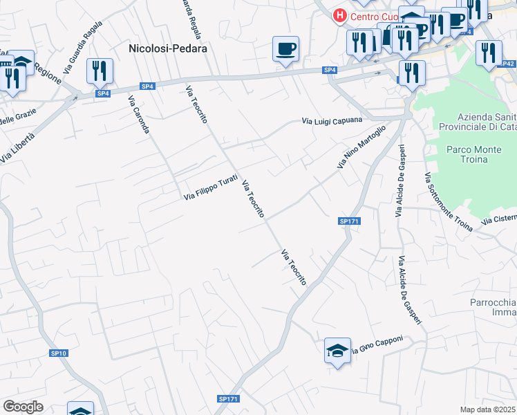 map of restaurants, bars, coffee shops, grocery stores, and more near 41 Via Teocrito in Pedara
