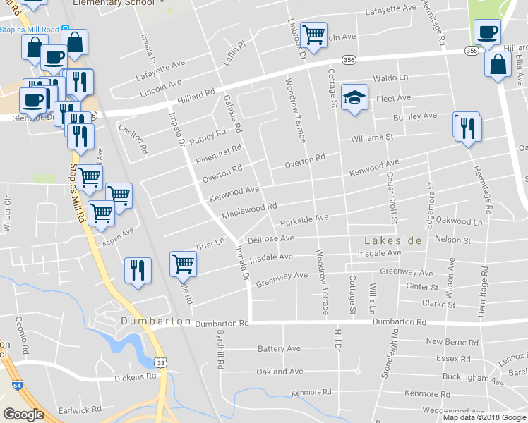 map of restaurants, bars, coffee shops, grocery stores, and more near 2900 Briar Lane in Richmond