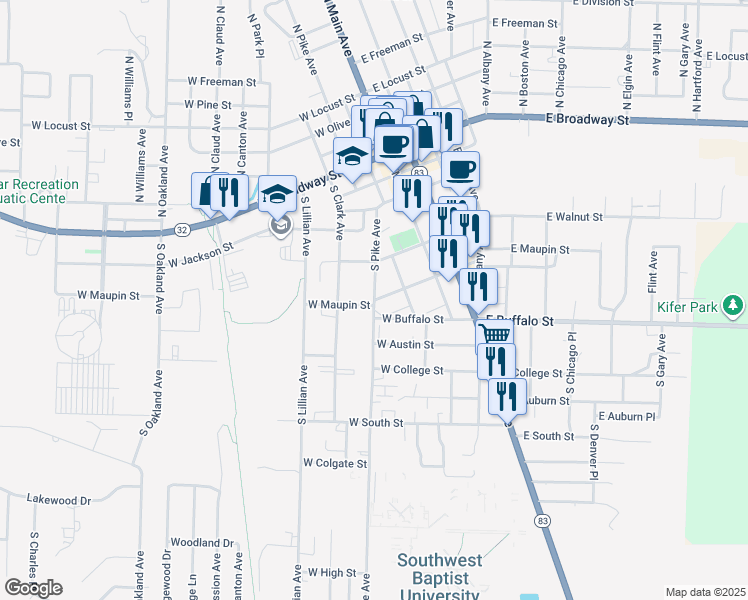 map of restaurants, bars, coffee shops, grocery stores, and more near 499 South Pike Avenue in Bolivar
