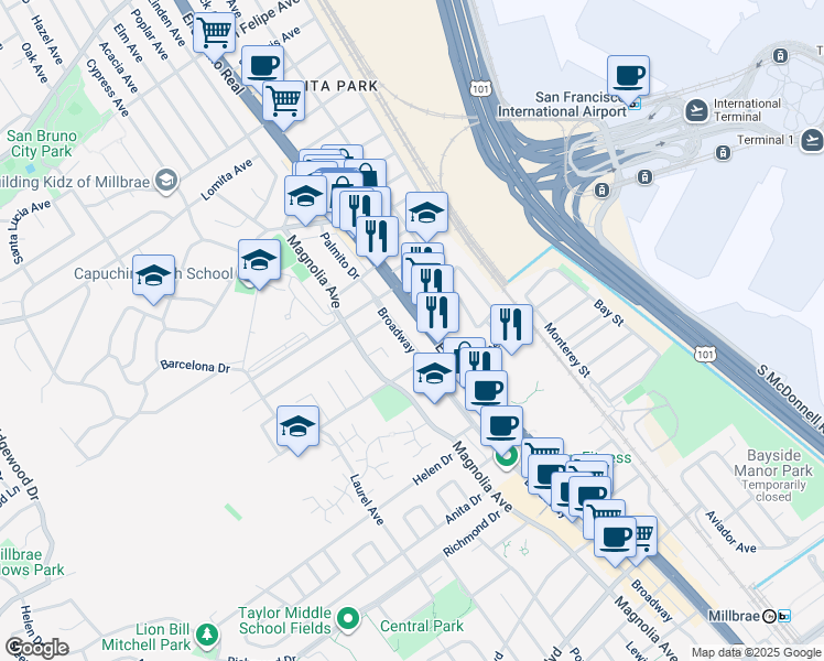 map of restaurants, bars, coffee shops, grocery stores, and more near in Millbrae