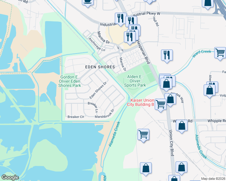 map of restaurants, bars, coffee shops, grocery stores, and more near 2667 Beachwood Street in Hayward