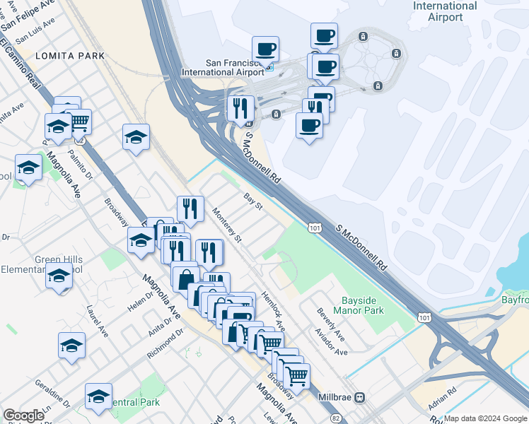 map of restaurants, bars, coffee shops, grocery stores, and more near 348 San Pablo Avenue in Millbrae
