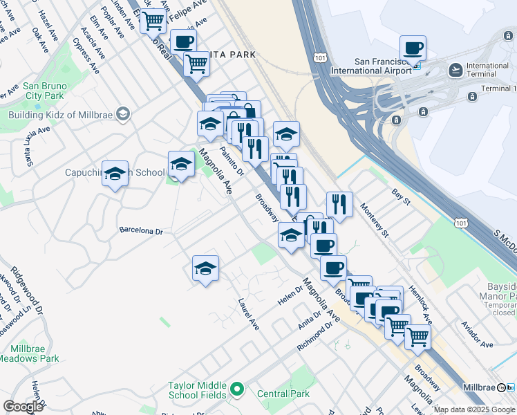 map of restaurants, bars, coffee shops, grocery stores, and more near 1375 El Camino Real in Millbrae