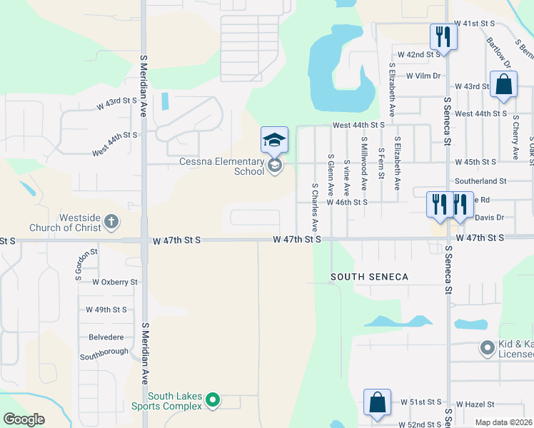 map of restaurants, bars, coffee shops, grocery stores, and more near 2202 W 46th Street South in Wichita