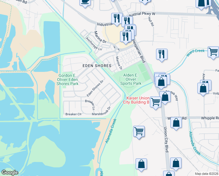 map of restaurants, bars, coffee shops, grocery stores, and more near 2667 Beachwood Street in Hayward