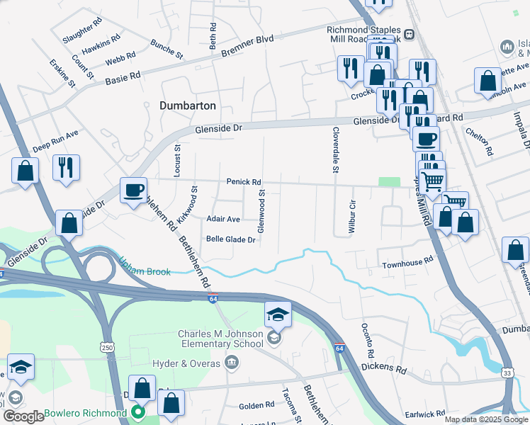 map of restaurants, bars, coffee shops, grocery stores, and more near 6703 Glenwood Street in Richmond