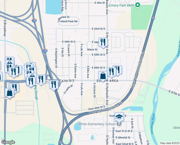 map of restaurants, bars, coffee shops, grocery stores, and more near 4701-4799 South Victoria Street in Wichita
