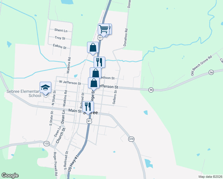 map of restaurants, bars, coffee shops, grocery stores, and more near 7600 Jefferson Street in Sebree