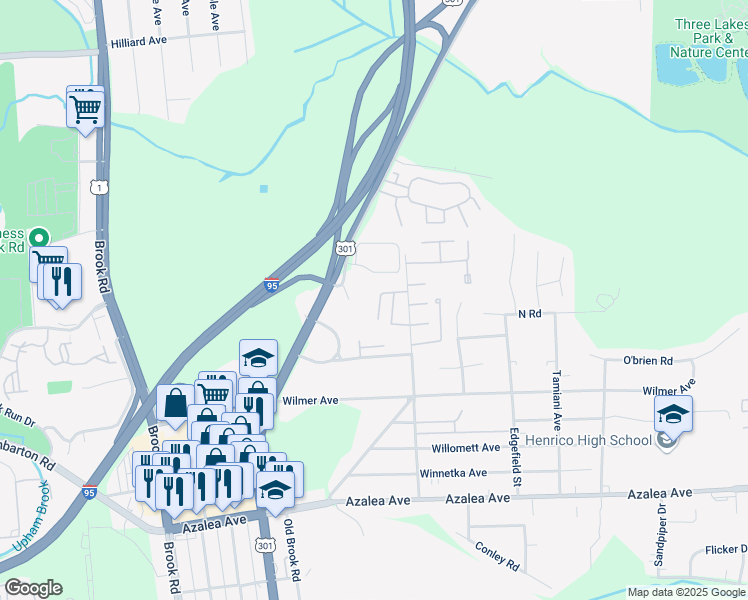map of restaurants, bars, coffee shops, grocery stores, and more near 5618 Crenshaw Road in Richmond