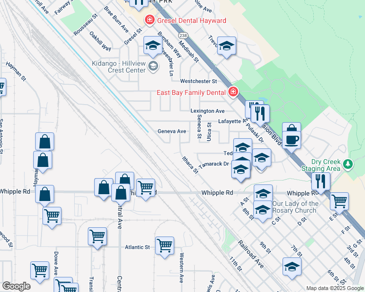 map of restaurants, bars, coffee shops, grocery stores, and more near 32306 Ithaca Street in Hayward