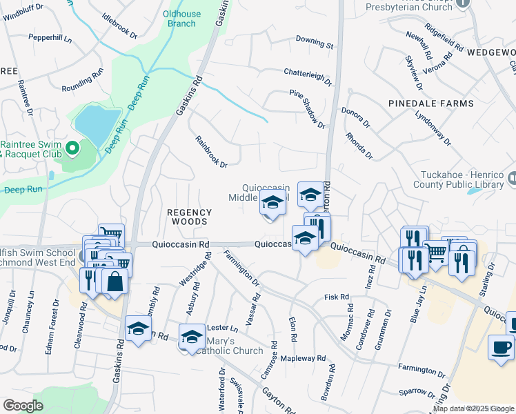 map of restaurants, bars, coffee shops, grocery stores, and more near 9400 Quioccasin Road in Richmond