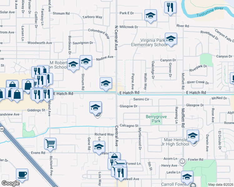 map of restaurants, bars, coffee shops, grocery stores, and more near 2101 East Hatch Road in Modesto