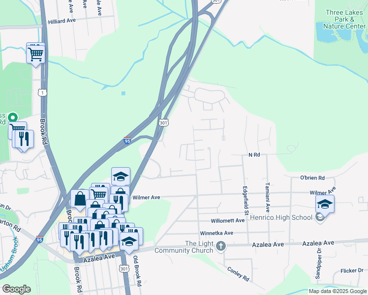 map of restaurants, bars, coffee shops, grocery stores, and more near 5612 Crenshaw Road in Richmond