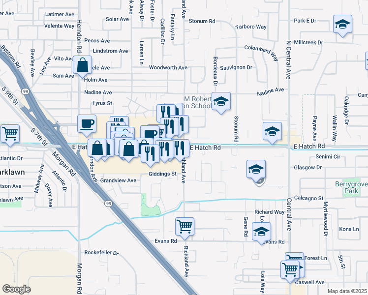 map of restaurants, bars, coffee shops, grocery stores, and more near East Hatch Road & Richland Avenue in Ceres