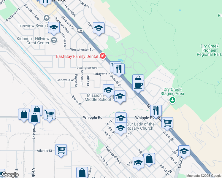 map of restaurants, bars, coffee shops, grocery stores, and more near 337 Tippecanoe Avenue in Hayward