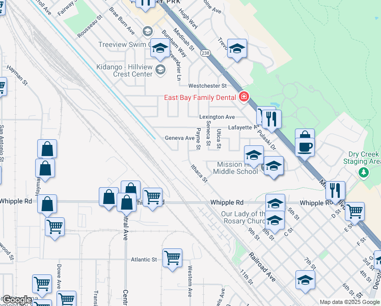 map of restaurants, bars, coffee shops, grocery stores, and more near 32306 Ithaca Street in Hayward