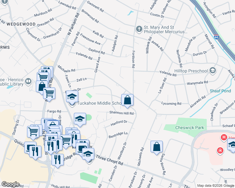 map of restaurants, bars, coffee shops, grocery stores, and more near 8200 Erma Lane in Richmond