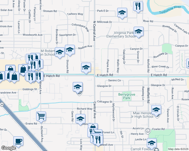map of restaurants, bars, coffee shops, grocery stores, and more near 2101 East Hatch Road in Modesto