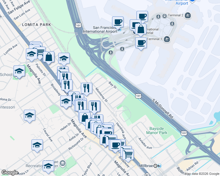 map of restaurants, bars, coffee shops, grocery stores, and more near 332 San Jose Avenue in Millbrae