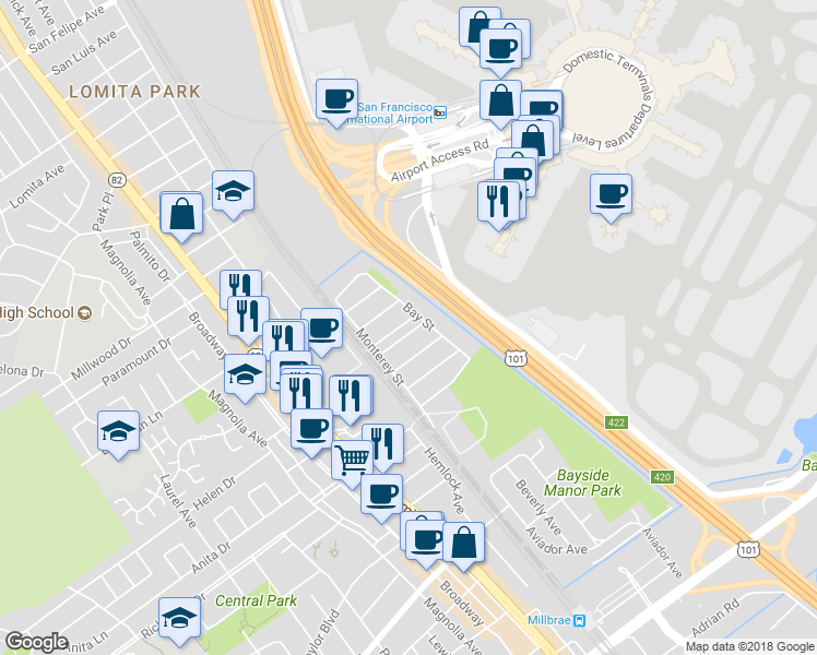 map of restaurants, bars, coffee shops, grocery stores, and more near 332 San Jose Avenue in Millbrae