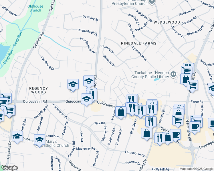 map of restaurants, bars, coffee shops, grocery stores, and more near 38 Huneycutt Drive in Richmond