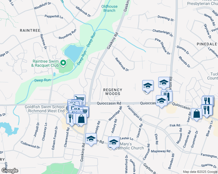 map of restaurants, bars, coffee shops, grocery stores, and more near 1511 Regency Woods Road in Henrico