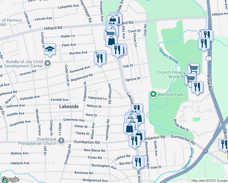 map of restaurants, bars, coffee shops, grocery stores, and more near 2125 Madison Lane in Henrico