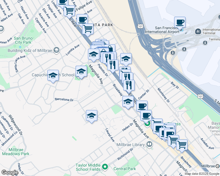 map of restaurants, bars, coffee shops, grocery stores, and more near 223 Millwood Drive in Millbrae