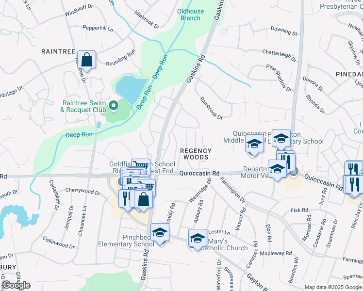 map of restaurants, bars, coffee shops, grocery stores, and more near 9 Chase Gayton Drive in Henrico
