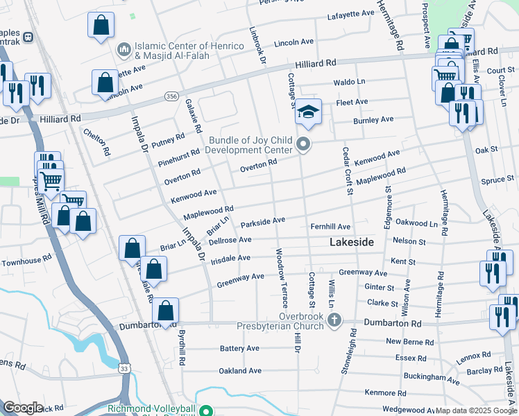 map of restaurants, bars, coffee shops, grocery stores, and more near 2809 Maplewood Road in Richmond