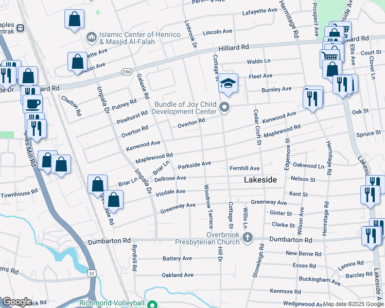 map of restaurants, bars, coffee shops, grocery stores, and more near 2809 Maplewood Road in Richmond